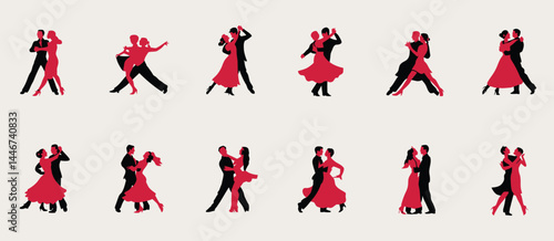 Ten Couples Ballroom Dancing Silhouettes Red and Black
