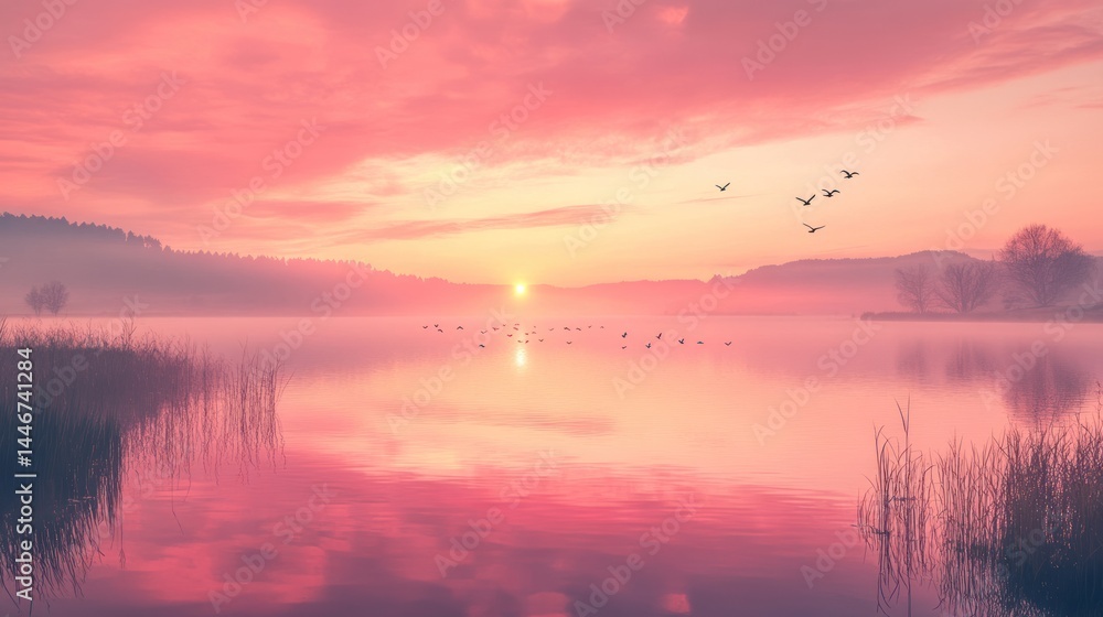 Pink Sunrise over Misty Lake Pink Sunrise over Misty Lake