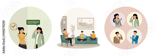 Looking at their smart phones and chatting. Couch looking at their technology. Online communication.