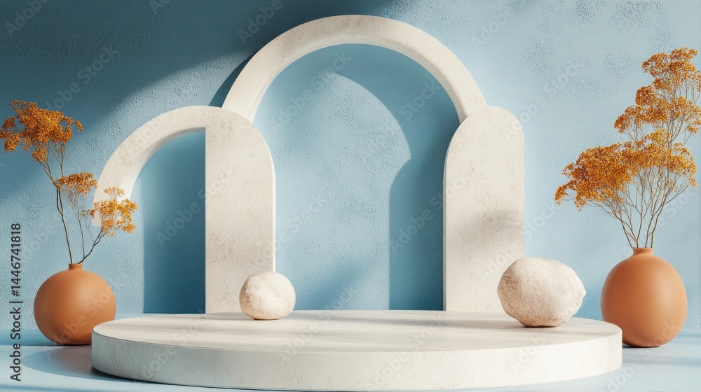 Fototapeta premium Light-filled, minimalist display podium with arches and dried flowers. A smooth, white, round platform sits on a light blue backdrop, with arches and stone-like elements. Two terracotta vases hold 
