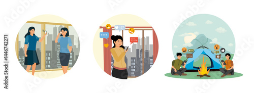 Using smart phones. Social Media Notifications. Communication via the internet.