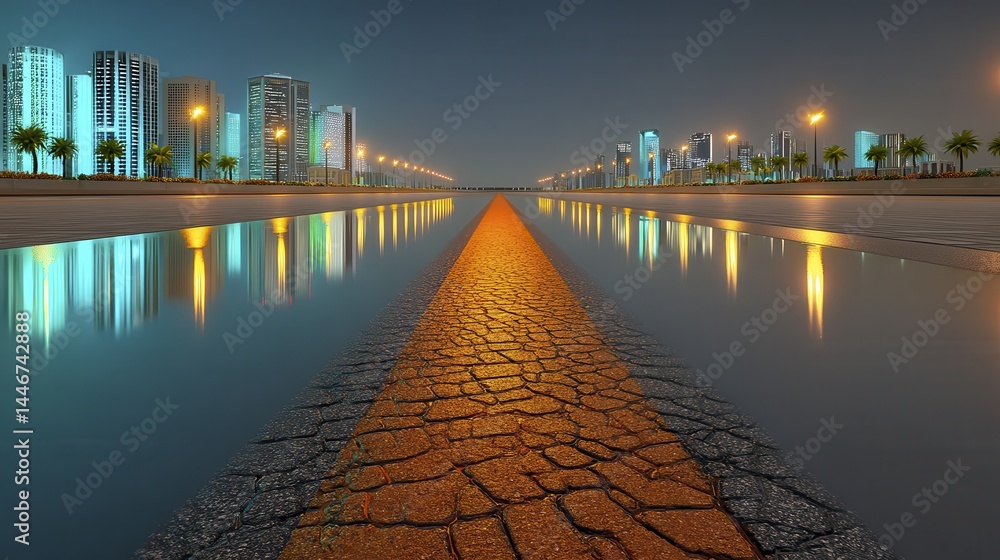 Fototapeta premium Modern city skyline reflected on wet asphalt road at night - colorful surface sky landscape