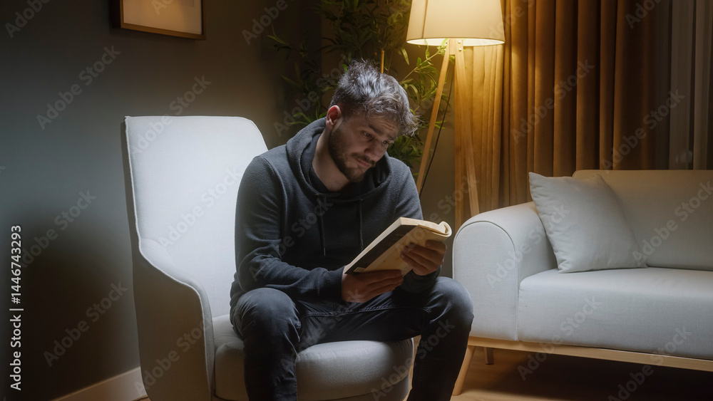 Fototapeta premium Young Man Relaxing at Home Reading a Book in Cozy Evening Lighting
