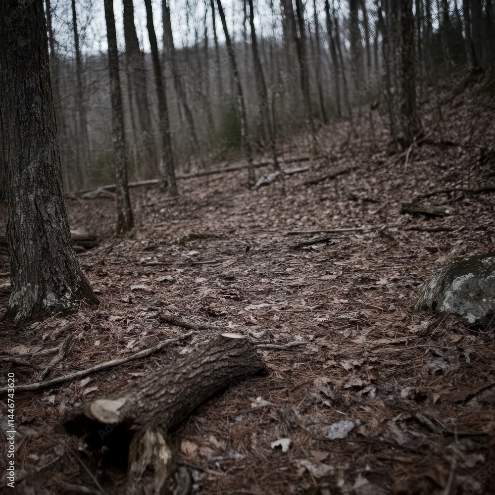 Obraz premium Forest floor path through leaf-covered woods