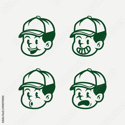 Set of expressive cartoon boy faces in vintage style, wearing a cap. Includes angry and sad emotions. Perfect for mascots, stickers, branding, icons, and emotional character design