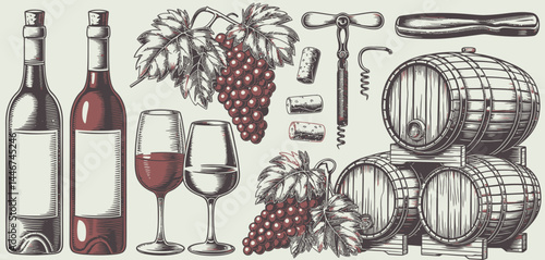 Vintage Winemaking Illustration with Bottles, Grapes, and Barrels
