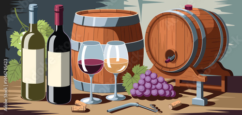 Wine Tasting Still Life with Barrels and Grapes