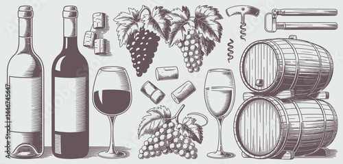 Vintage Winemaking Illustration with Bottles Barrels and Grapes