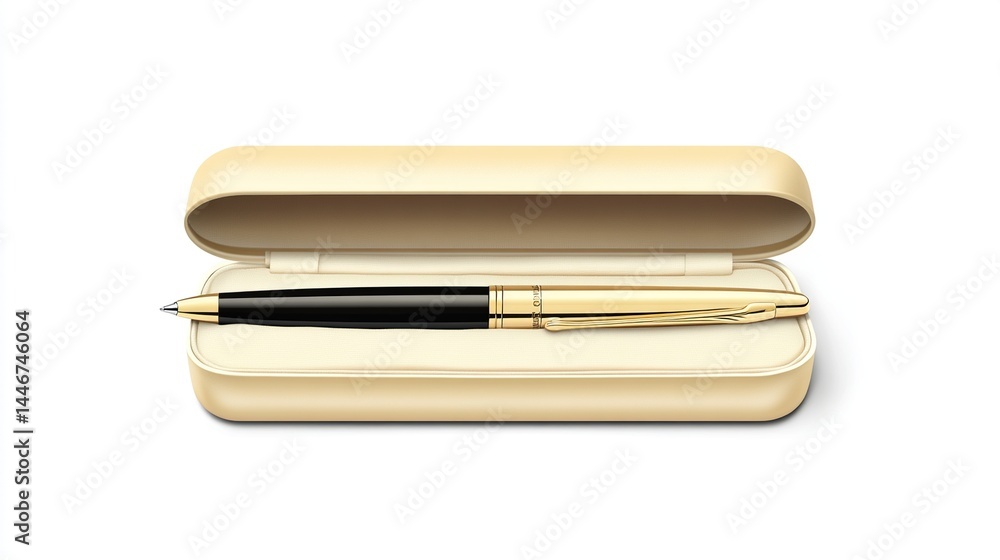 Gold and black pen in beige case. Gold and black pen in beige case.