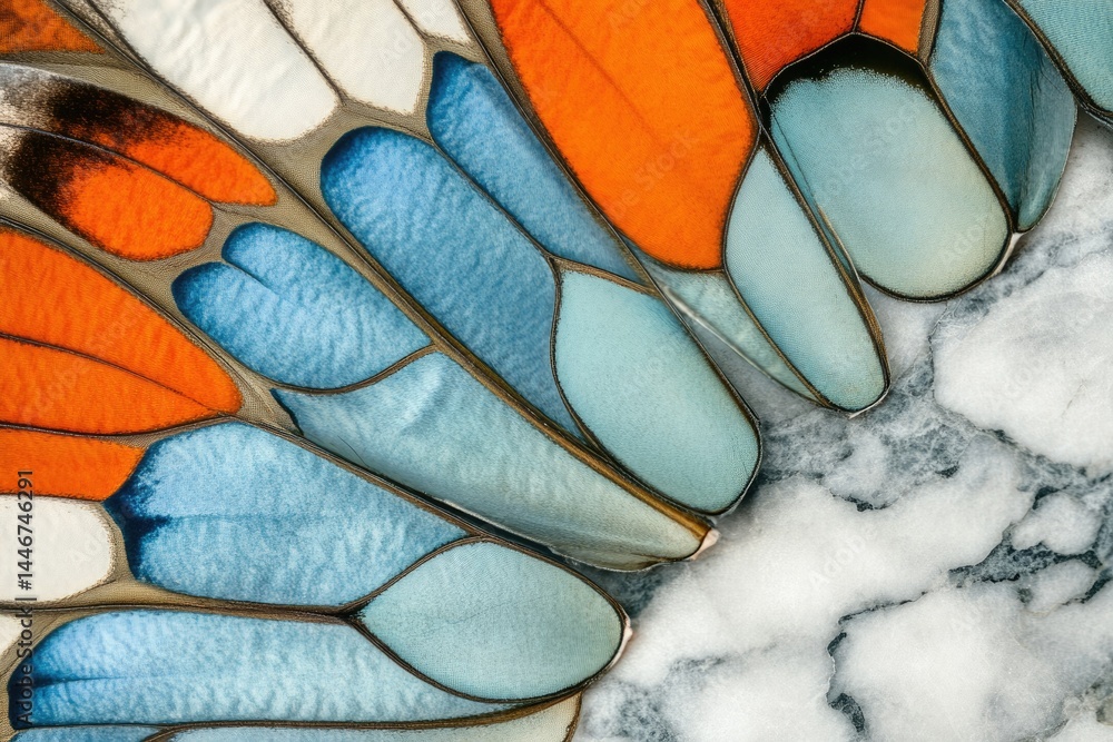 Close-up of vibrant butterfly wings showcasing intricate patterns and colors of blue, orange, and white. Close-up of vibrant butterfly wings showcasing intricate patterns and colors of blue, orange, and white.