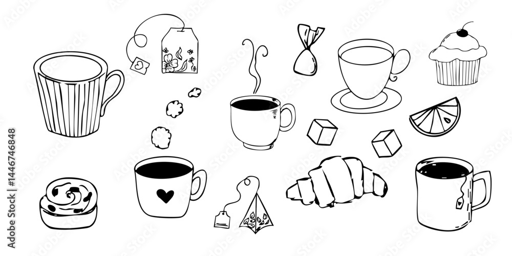 Obraz premium Tea or coffee beakfast, brunch lunch menu, dessert, cupcake, sweets line hand drawn textured elements, retro vintage sketch. Dolce vita breakfast doodle