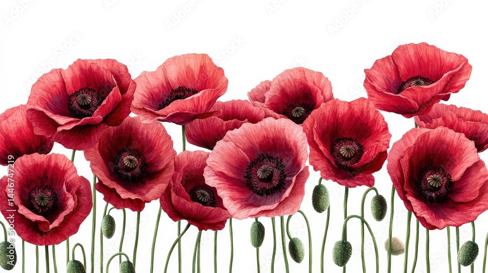 Obraz premium Vibrant red poppies blooming in a serene setting, showcasing nature's beauty against a white backdrop
