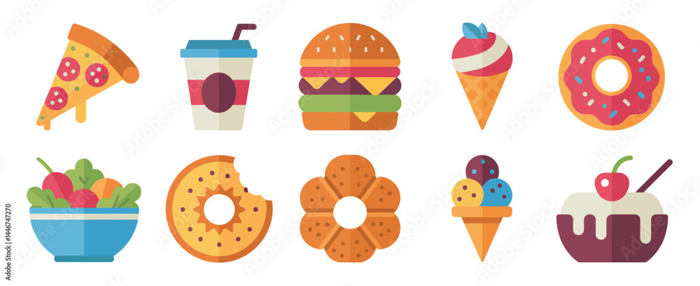 Flat Design Icons of Various Foods and Drinks Flat Design Icons of Various Foods and Drinks