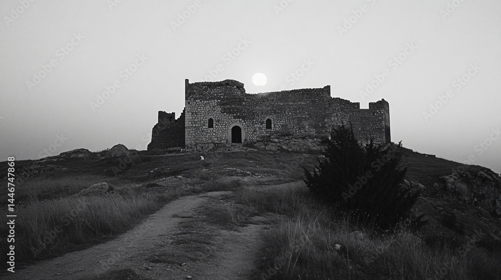 Obraz premium Gray stone ruin atop a hill at dawn.