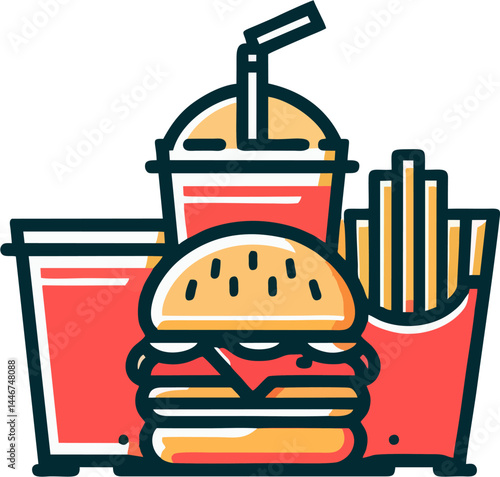Colorful Vector Fast Food Combo Meal – Burger, Fries, and Soda Illustration
