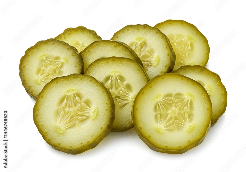 A pile of sliced pickles arranged on a white surface creating a visually appealing composition A pile of sliced pickles arranged on a white surface creating a visually appealing composition
