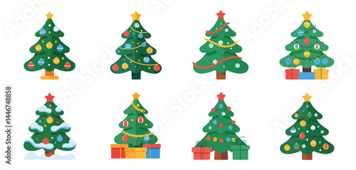 Eight Decorated Christmas Trees Flat Design Illustrations