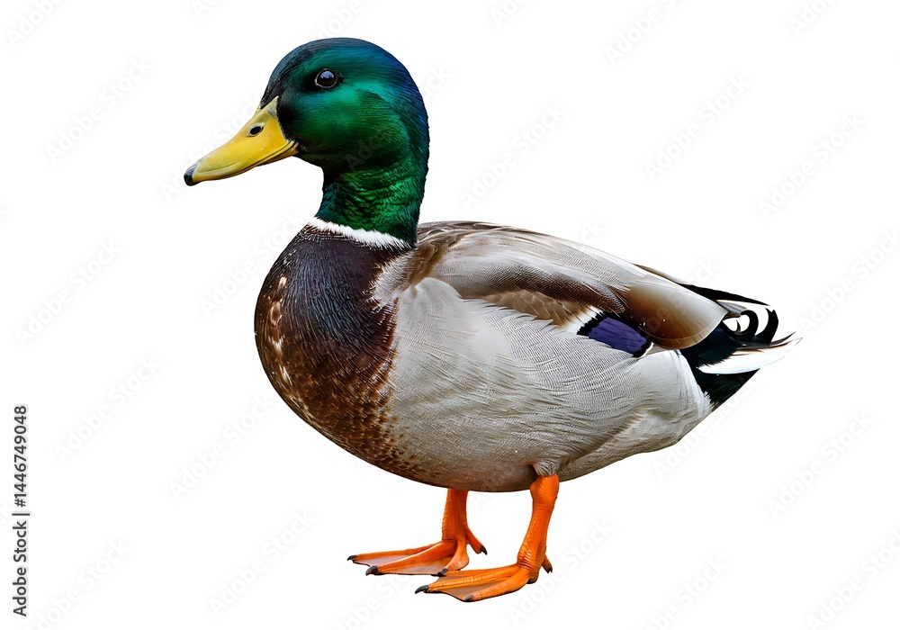 Fototapeta premium Isolated mallard duck with green head and yellow beak standing on its orange feet on white background
