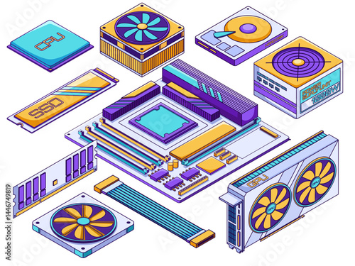 Isometric Illustration of computer hardware components including the CPU, GPU, RAM modules, motherboard, PSU, SSD, HDD, and cooling fan. 
Each part is arranged neatly to show the part of a compututer