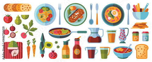 Colorful Flat Lay of Various Food Items and Kitchen Utensils