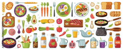 Colorful Flat Lay of Various Food Items and Drinks
