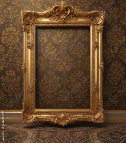 Intricate gold frames adorn rich damask fabric with floral motifs, elegant floor ,  textile,  rococo