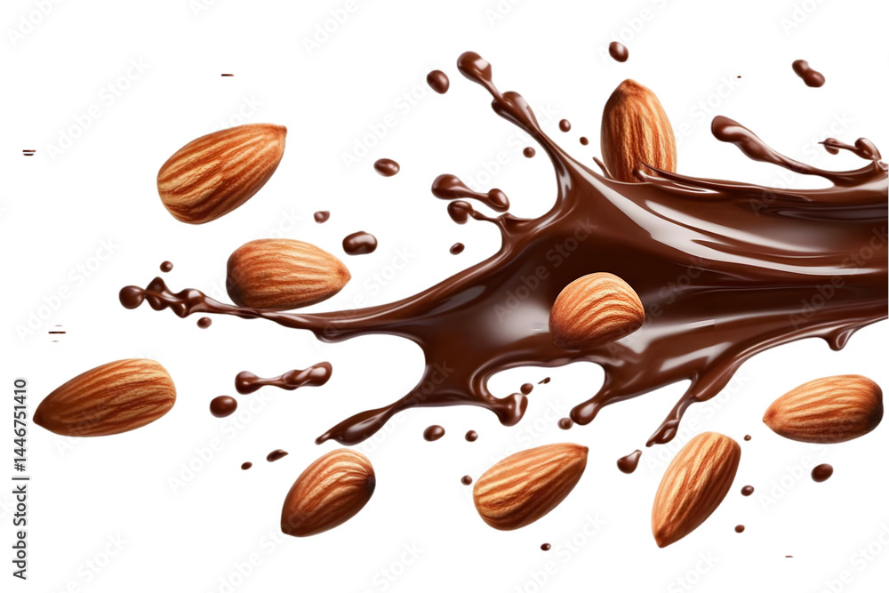 Fototapeta premium Almond Splash In Chocolate Isolated Transparent Background Realistic Food Image