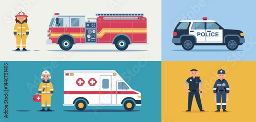 Emergency Services Vehicles and Personnel Illustration