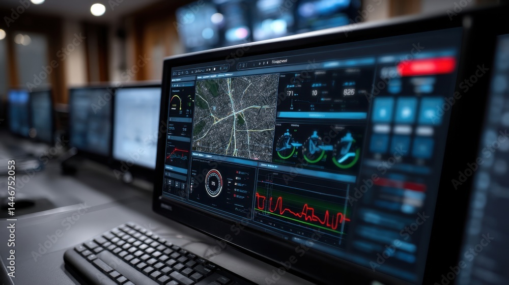 close-up photograph of digital dashboard displaying live city data, interior shot, in a smart operations room, centered composition, with soft LED tones close-up photograph of digital dashboard displaying live city data, interior shot, in a smart operations room, centered composition, with soft LED tones