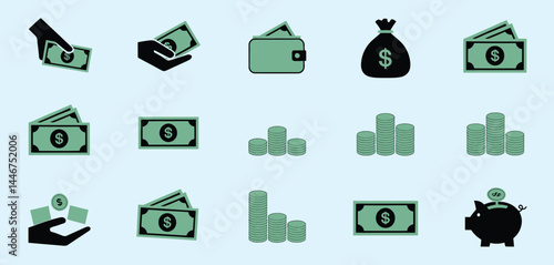 Collection of Money Icons Cash, Coins, Wallet, Piggy Bank