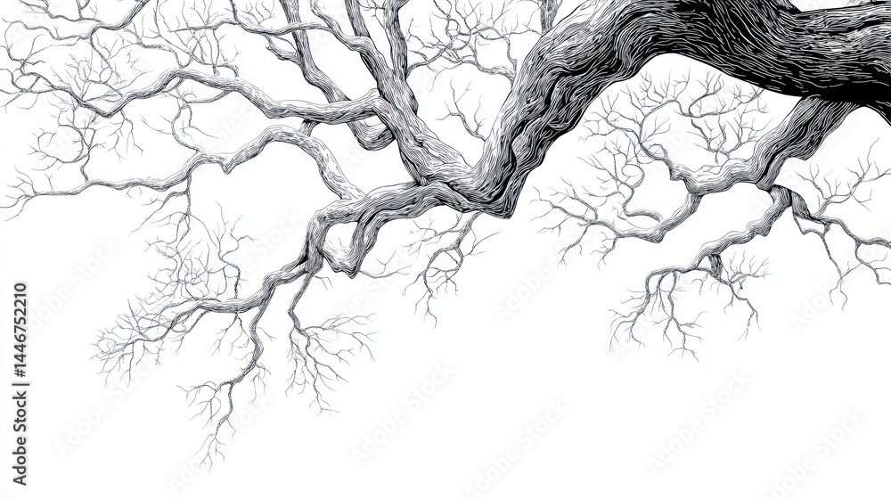 Fototapeta premium Detailed drawing of a gnarled, leafless tree branch reaching upwards