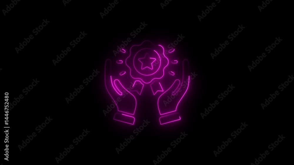 Glowing neon hand with warranty icon.HD motion graphic video animation with neon effects.isolated on a black background. Glowing neon hand with warranty icon.HD motion graphic video animation with neon effects.isolated on a black background.