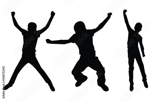 Black silhouette of children jumping for joy. Active kids jumping or trampolining, silhouette of kids playing.