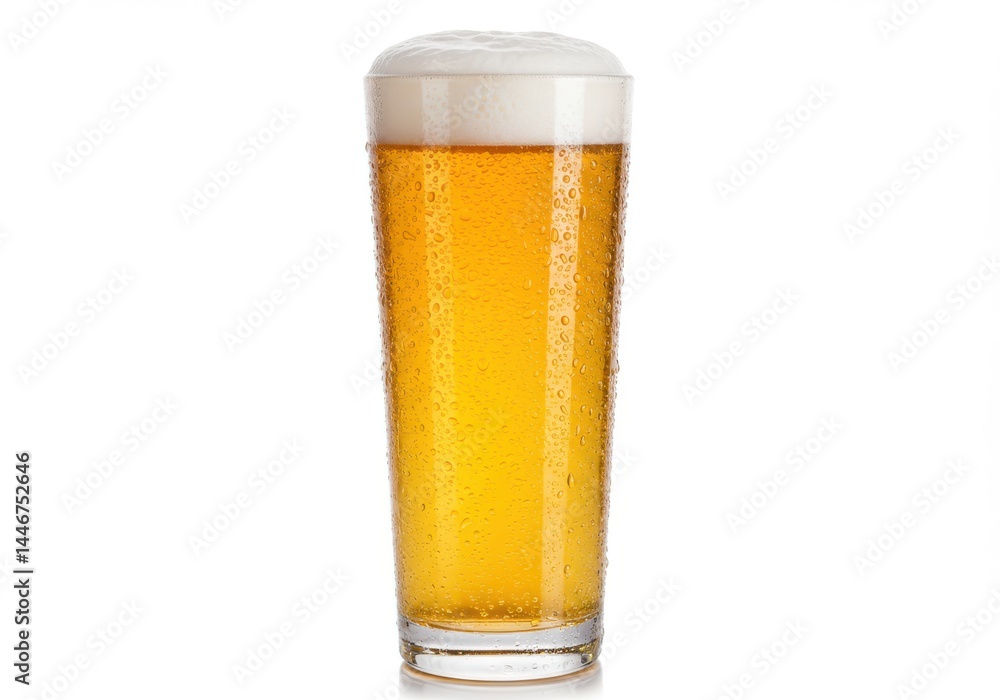 A tall glass of golden beer with foam isolated on white background A tall glass of golden beer with foam isolated on white background