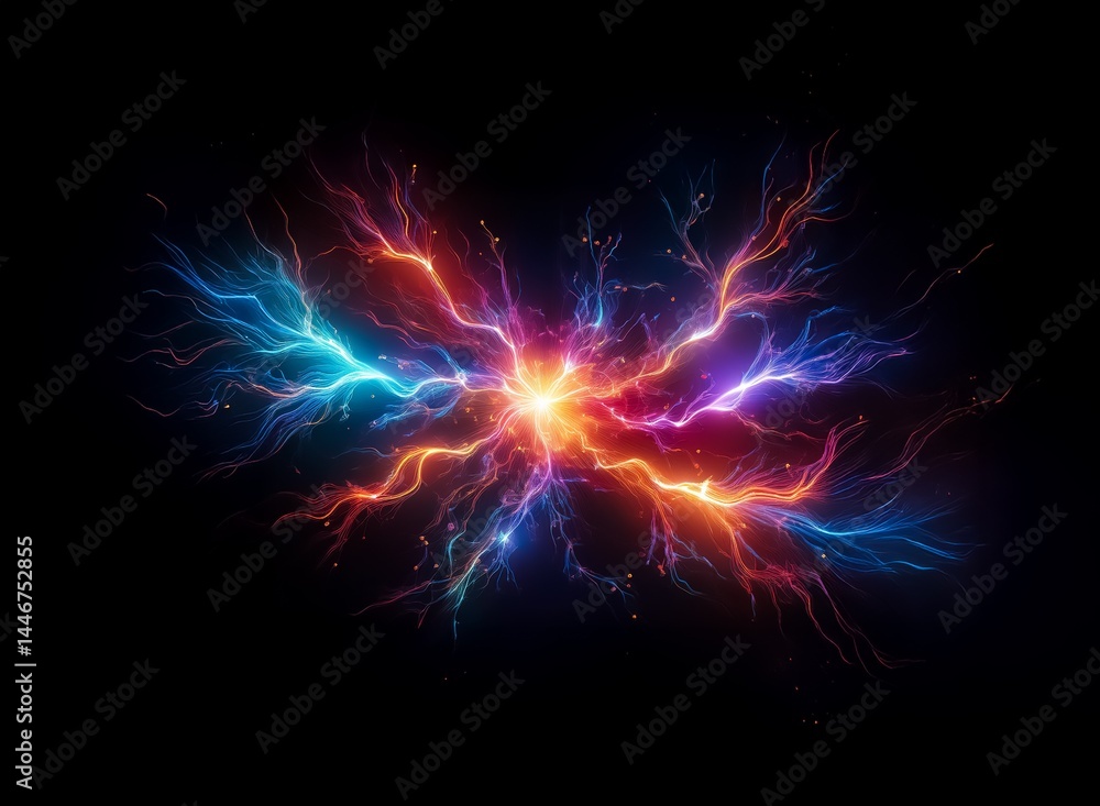 Fototapeta premium A vibrant, abstract image depicting a fiery, butterfly-like energy burst. Intense, contrasting colors of blue and orange emanate from a central point, creating a dynamic, almost chaotic visual.