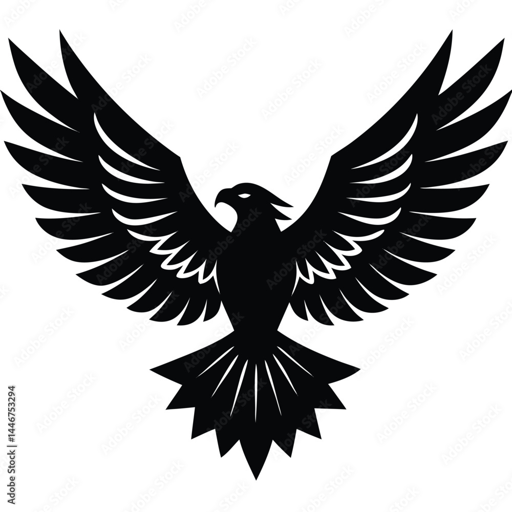 Silhouette of a powerful eagle with spread wings in flight on a white background Silhouette of a powerful eagle with spread wings in flight on a white background