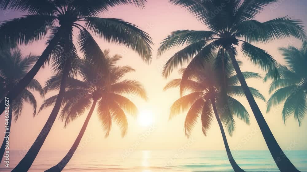 Summer tropical beach scene with silhouetted palm trees. Coconut palms by the coastline with an effect. Bokeh effect. Panorama. Summer tropical beach scene with silhouetted palm trees. Coconut palms by the coastline with an effect. Bokeh effect. Panorama.