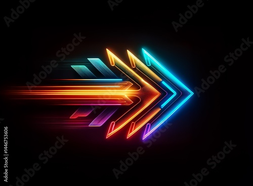 Triple neon arrows streak across a dark background, glowing with vibrant, multicolored light, suggesting speed and forward momentum.