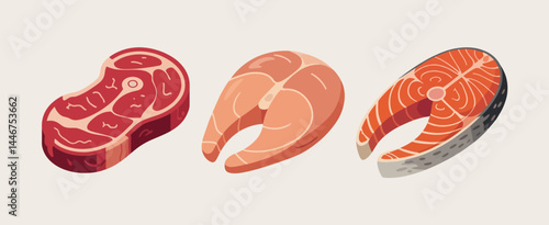 Steak and Salmon Filets Fresh Meat and Seafood Illustration