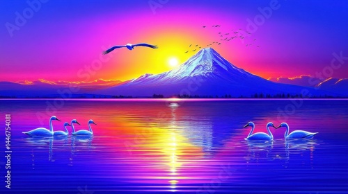 Pixelated Paradise A Retro Aesthetic Scene with Mountain Lake Birds Sunset and Vibrant Hues Evoking Nostalgia and Serenity for Digital Art Enthusiasts