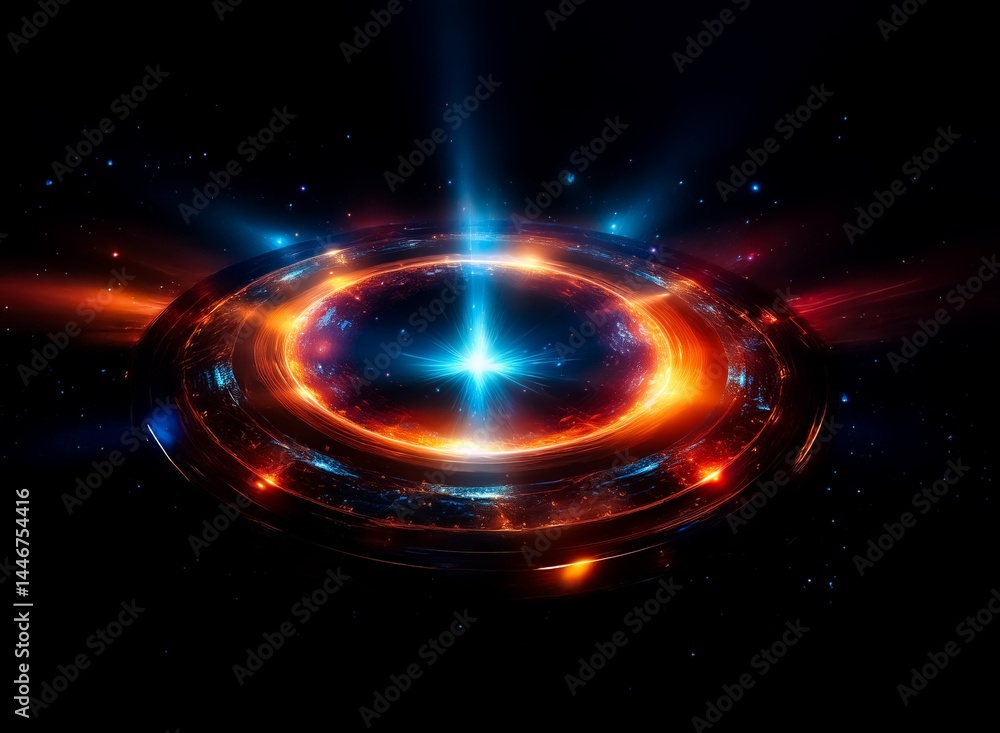 Obraz premium A vibrant cosmic portal, swirling with fiery orange and electric blue energy, glows intensely against a backdrop of dark space and distant stars. Its metallic rings suggest a powerful, otherworldly t