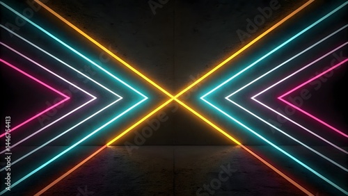 Colorful neon arrows pointing inward on a dark background with a reflective surface below them