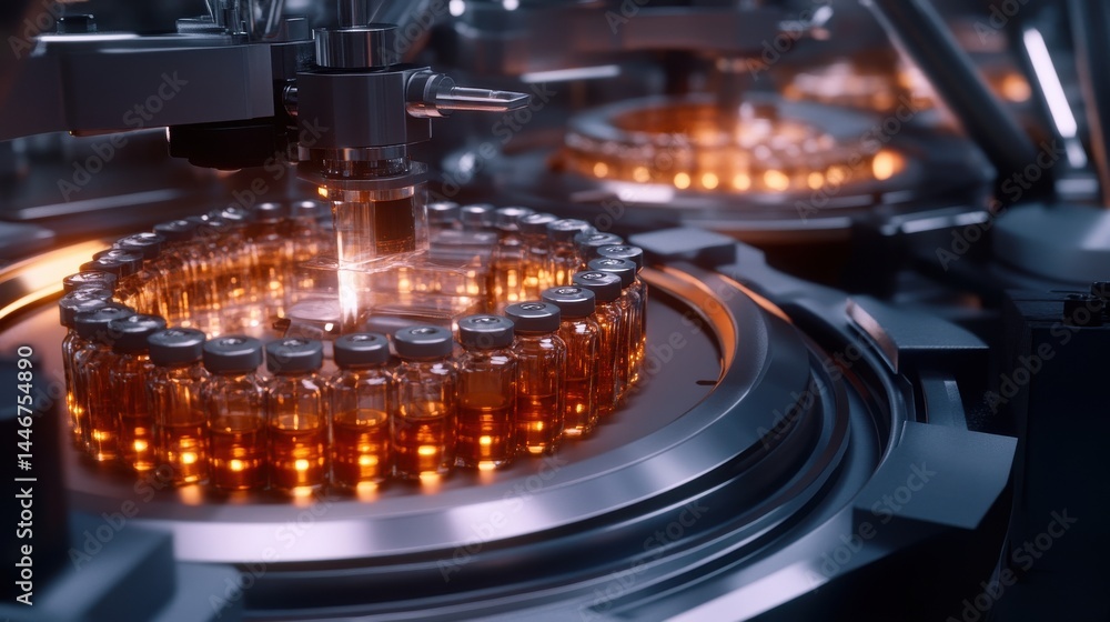 A stunning image of pharma plant automated production line fills sterile vials with amber liquid. Health care industry medicine manufacturing filling equipment facility ensures. A stunning image of pharma plant automated production line fills sterile vials with amber liquid. Health care industry medicine manufacturing filling equipment facility ensures.