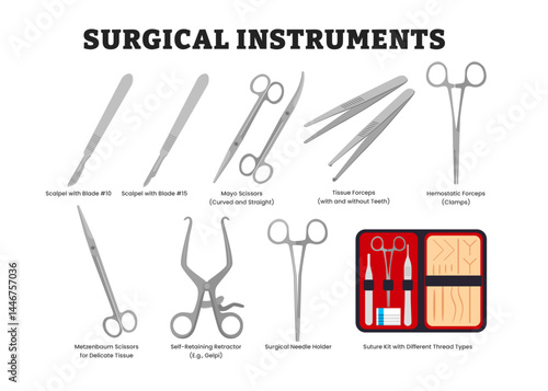 Set of surgical instrument tool equipment, educational medical poster design healthcare scheme, labeled scalpel blade, mayo scissors, tissue and hemostatic forceps, needle, suture kit, thread.