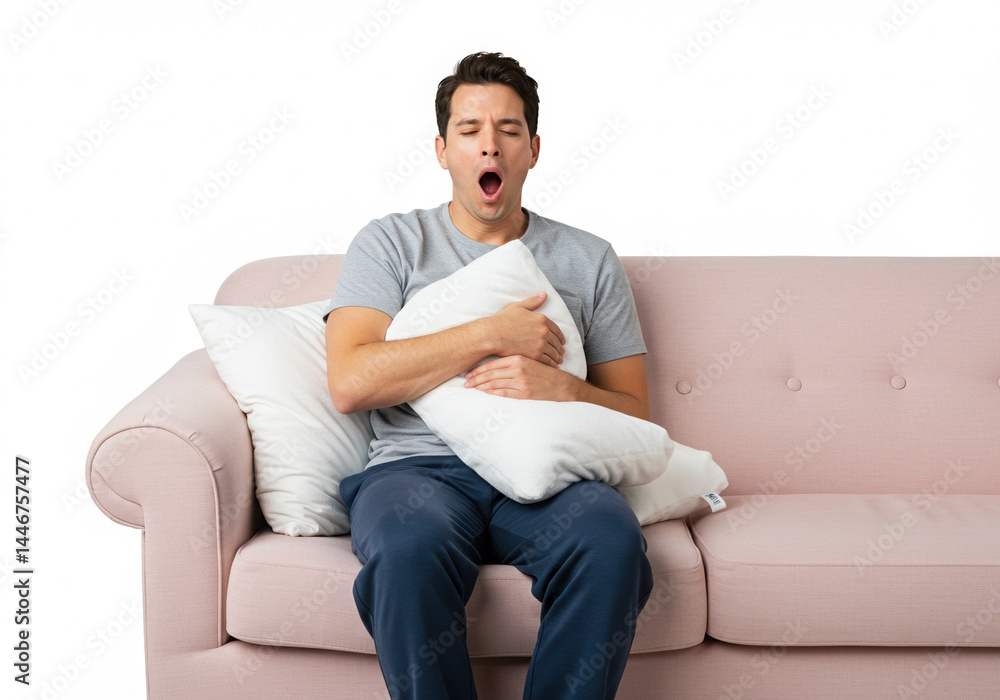 Startled man clutches pillow on sofa expressing shock reaction indoors Startled man clutches pillow on sofa expressing shock reaction indoors