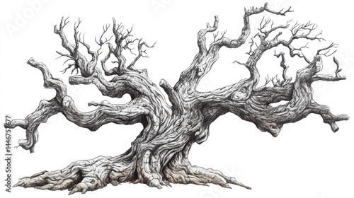Ancient, gnarled tree with intricate, weathered bark and sprawling branches.  Detailed illustration of a majestic, dried-out, old tree