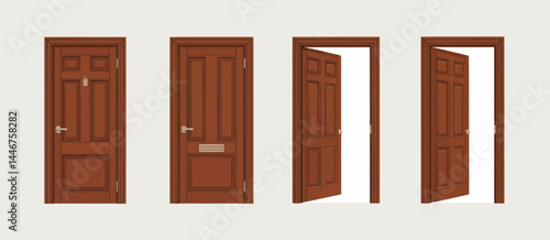 Four Views of a Classic Brown Wooden Door with Mail Slot