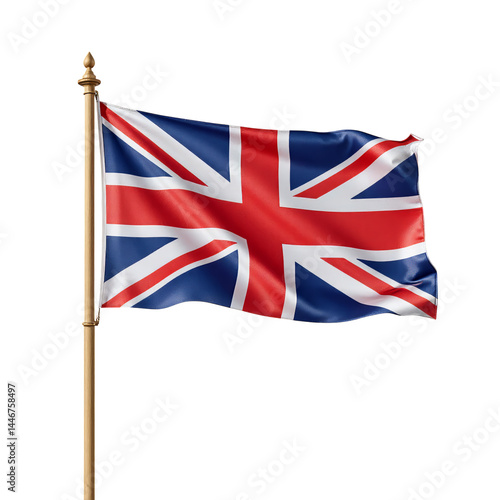 Union Jack Waving Flag on Pole, Transparent Background, United Kingdom