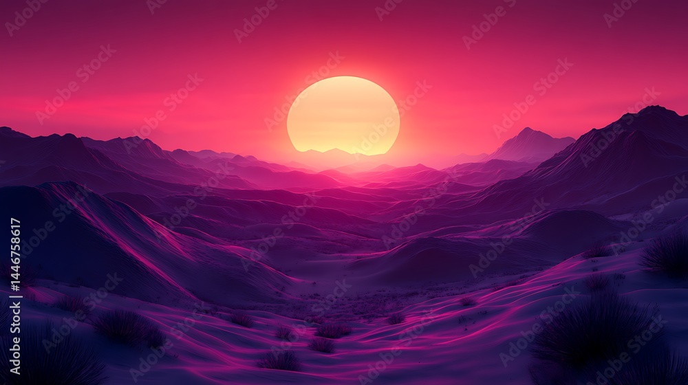 Fototapeta premium Surreal desert landscape with radiant sun