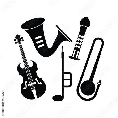 Collection of Classic Musical Instruments Saxophone, Trombone, Violin, Trumpet, and Harmonica Icon Set